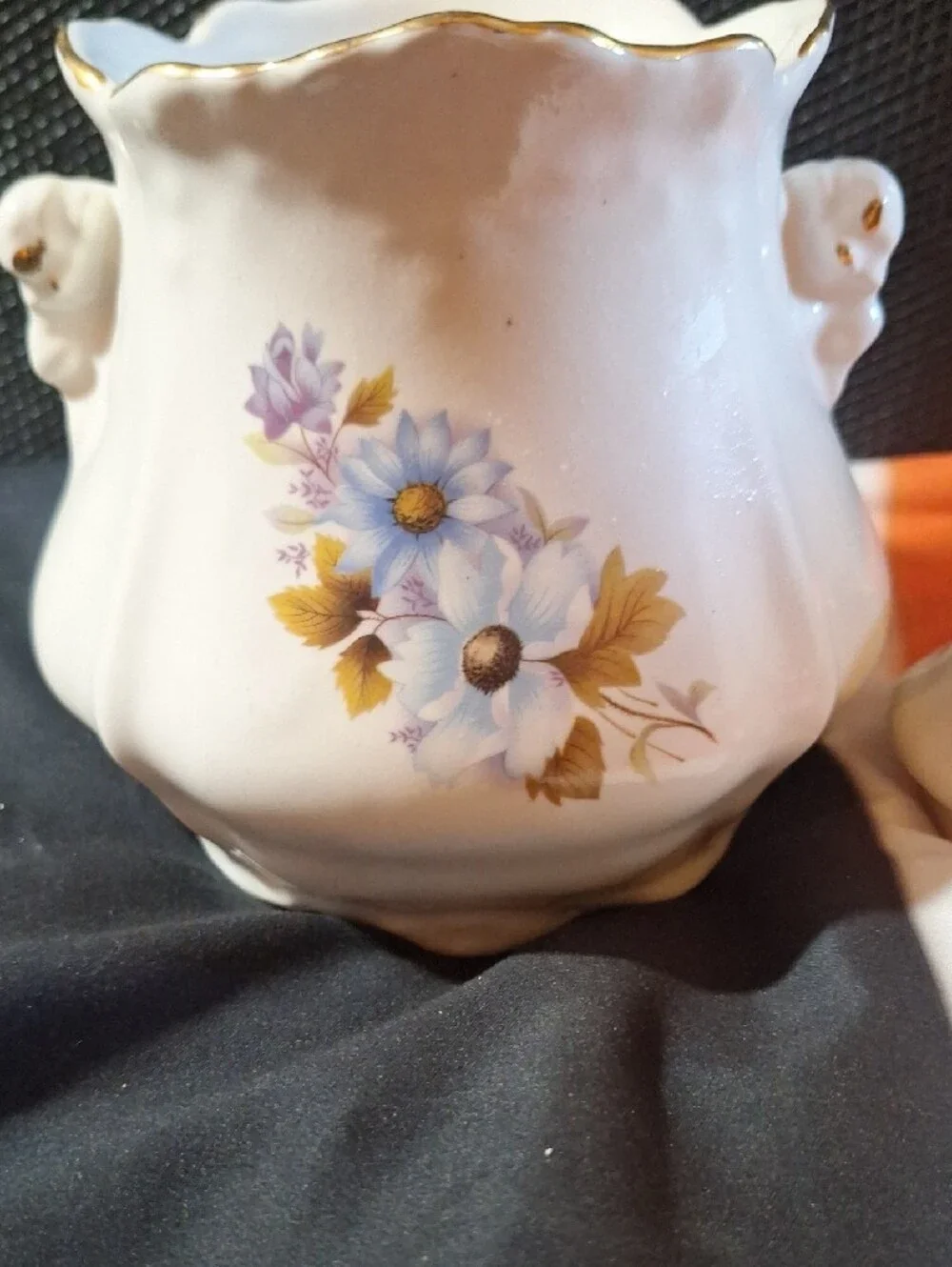 Vintage Biscuit Ceramic Floral Canister with Lid - White & Blue